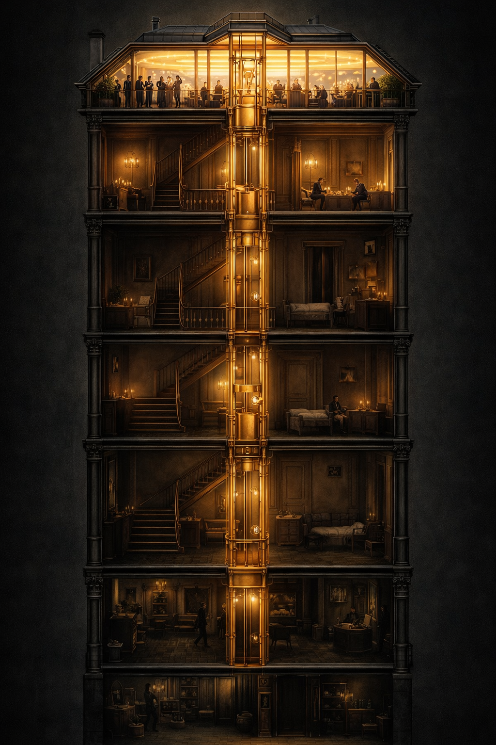 The same building with a brass elevator shaft — the penthouse blazes at the top, the former piano nobile is dim